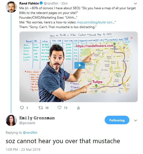Emily makes fun of Rand's mustache on Twitter