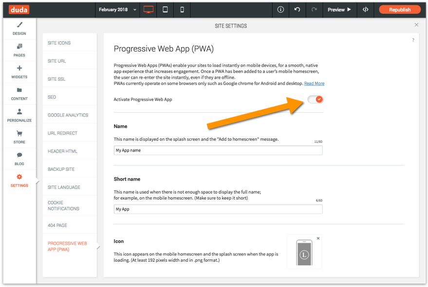 duda platform showing progressive web apps (PWAs)