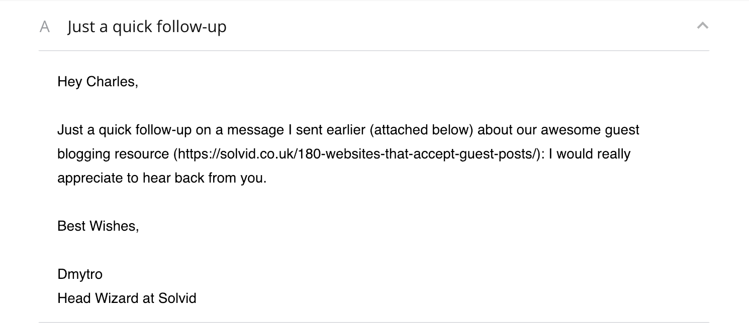 example of a follow up email for email outreach